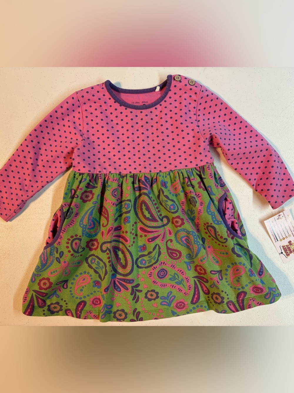 ORGANIC COTTON KITE 12-18 MONTHS ✨ infant long sleeve dress pink & green VGUC